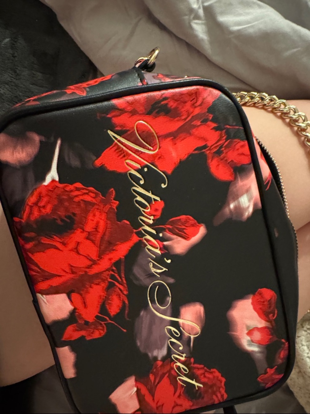 Victoria's Secret Black Crossbody with Red Floral Print & Gold Script